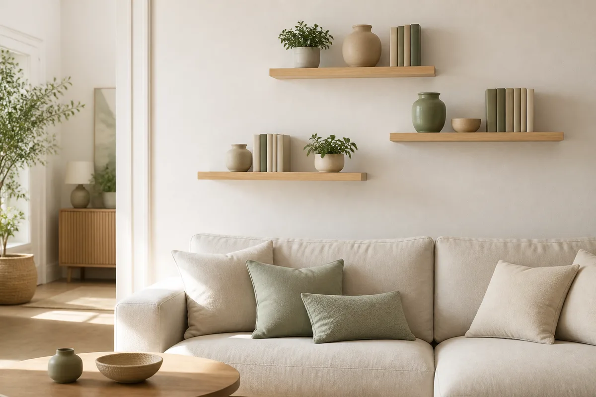 Mur d’étagères en bois clair au-dessus d’un canapé dans un salon lumineux