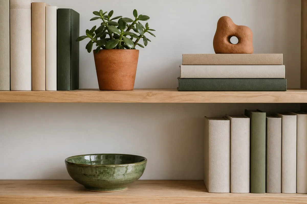 Étagères en bois garnies de livres, céramiques et plantes dans un intérieur chaleureux