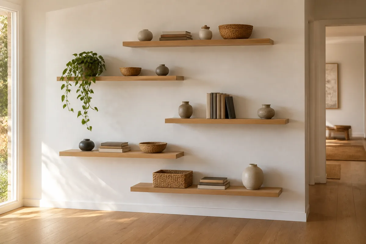 Mur d'étagères en bois : hauteur, charge et composition