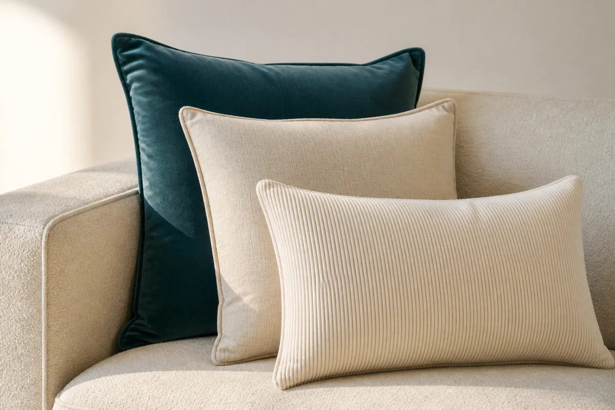 Composition de coussins carrés et rectangulaires posés sur un canapé en tissu clair dans un salon lumineux