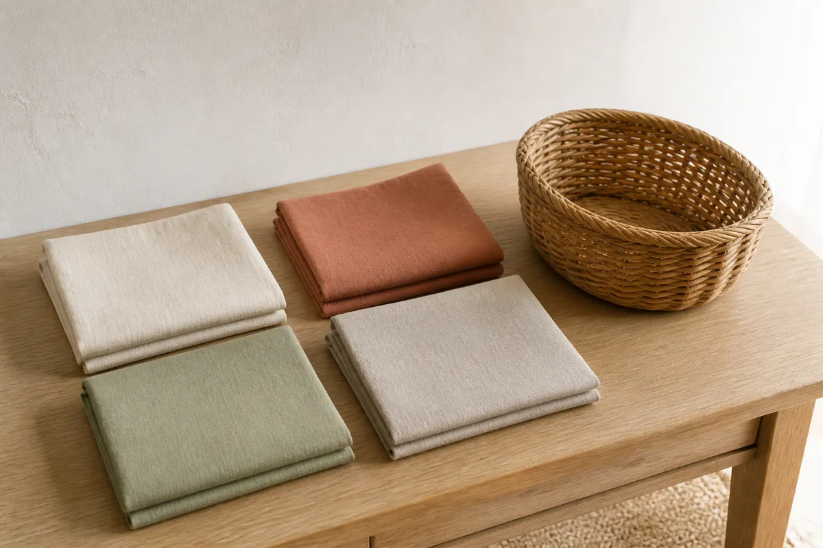 Housses de coussins en lin pliées sur une table en bois clair à côté d un panier en osier