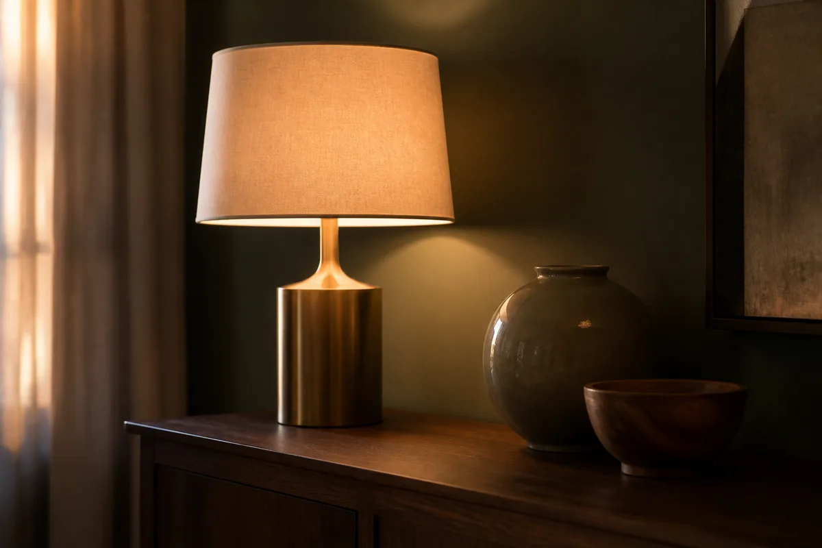 Lampe à abat-jour tissu allumée sur une enfilade en bois foncé, fin de journée