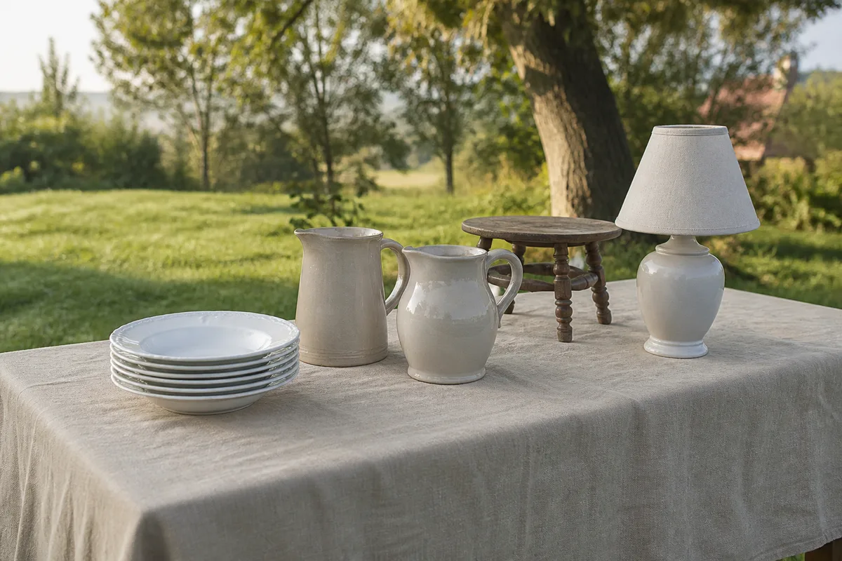 Étal de brocante en extérieur avec vaisselle ancienne et petit mobilier en bois