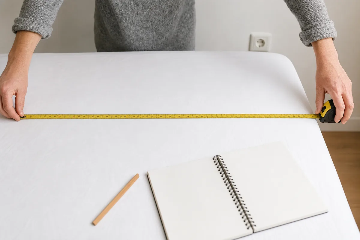 Mètre ruban déroulé sur un matelas double dans une chambre claire, mesure de la largeur avant fabrication d’une tête de lit
