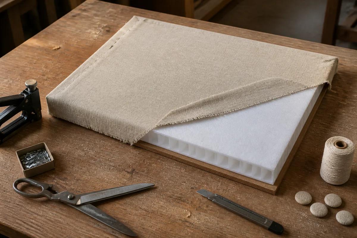 Panneau de médium recouvert de mousse et de tissu lin beige, agrafeuse posée à côté, atelier lumineux