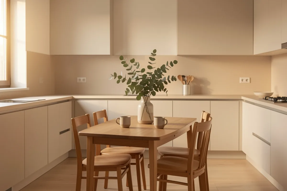 Cuisine désencombrée prête pour une visite, table avec deux tasses et une branche d’eucalyptus