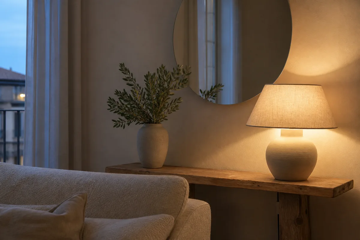 Détail d’une lampe à poser allumée dans l’angle d’un séjour aux murs beige clair