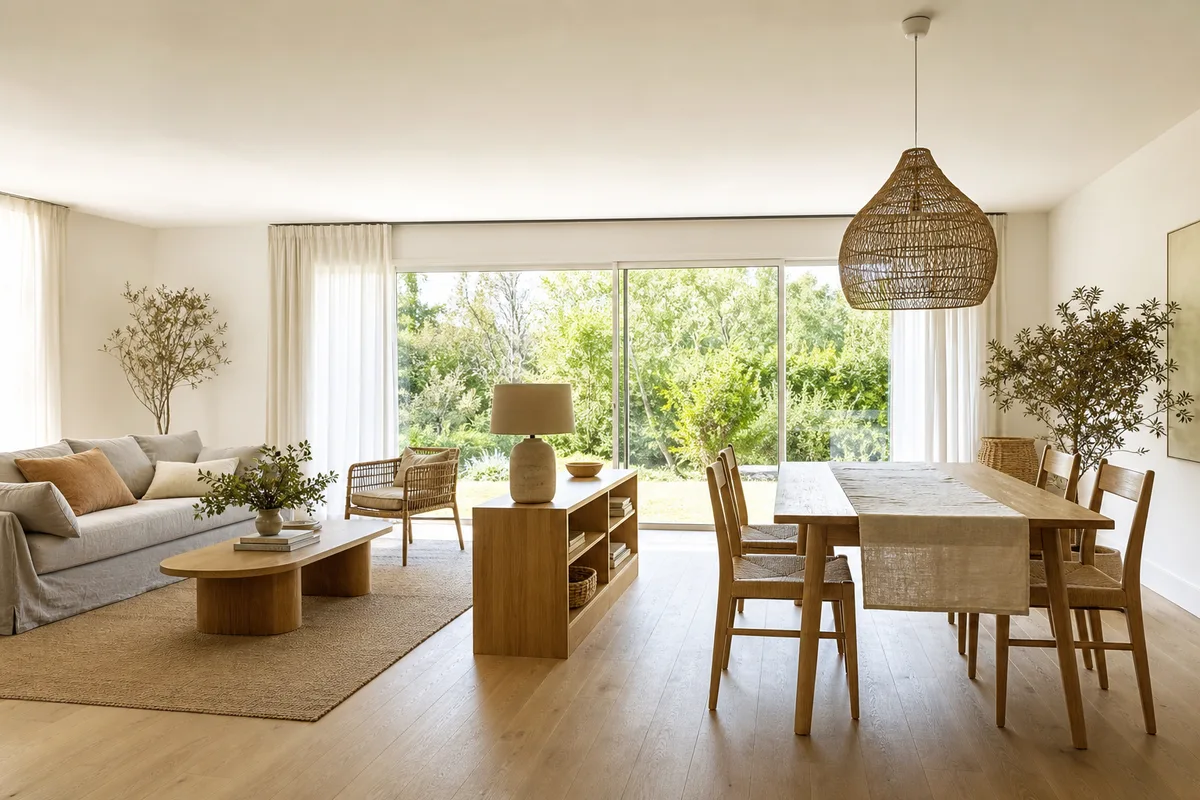Coin repas et coin salon distingués par un tapis et une suspension au-dessus de la table