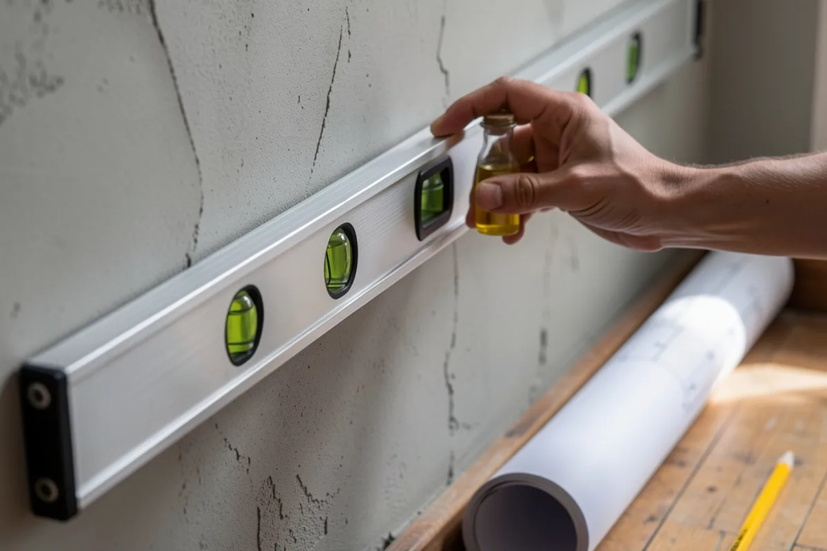 Mains posant un niveau contre un mur épais à côté d&rsquo;un plan roulé au sol