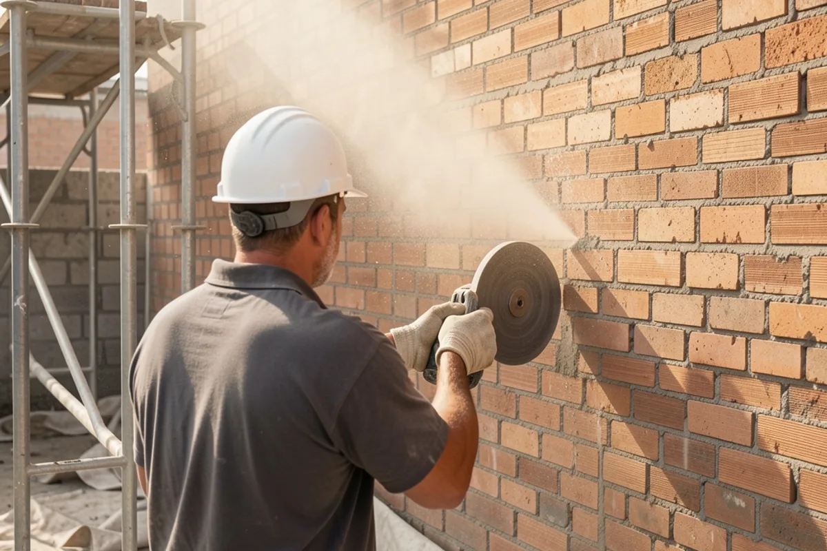 Maçon de dos découpant un mur pendant un chantier d&rsquo;ouverture