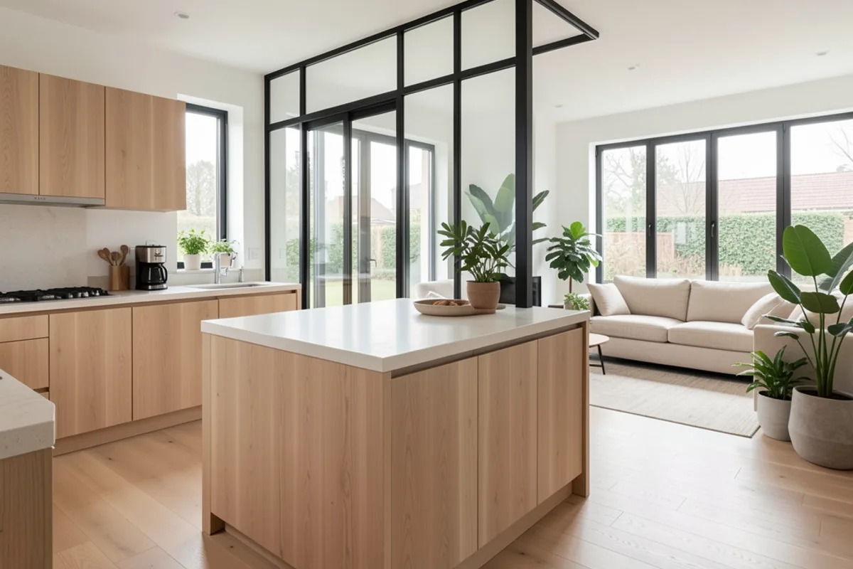 Cuisine ouverte sur le salon avec îlot en bois clair et verrière noire fine