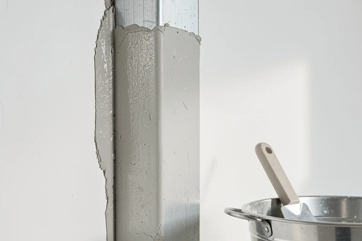 Reprise d&rsquo;enduit lissée autour d&rsquo;une poutre encastrée dans un mur blanc