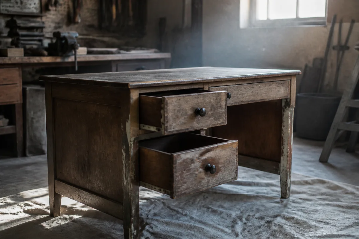 Vieux bureau en bois posé dans un atelier, tiroirs ouverts, avant restauration