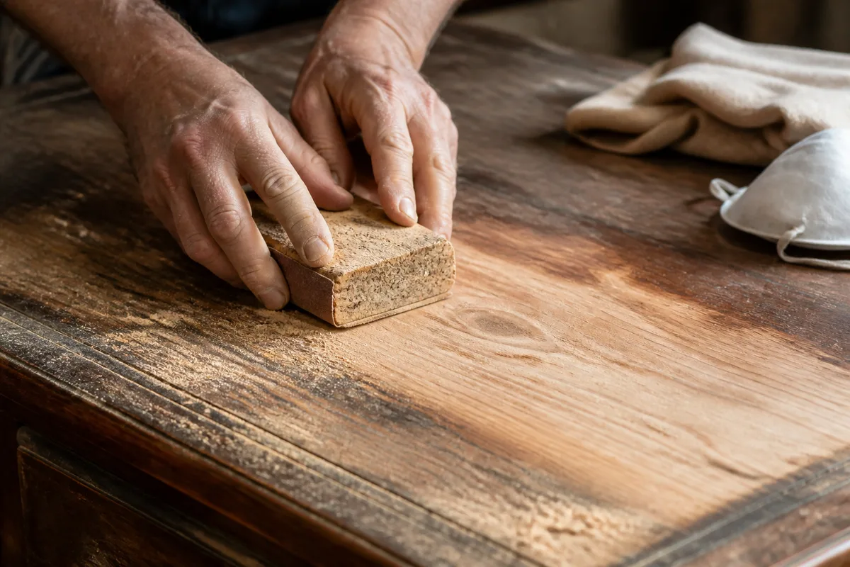 Mains ponçant le plateau en bois d’un bureau ancien avec une cale à poncer